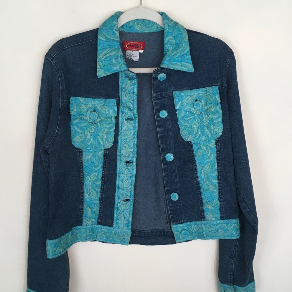 Women’s Blue Denim Jacket with Turquoise Trim